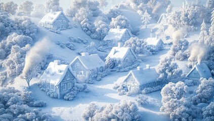 Snowy Village Houses Covered in Winter's Embrace Serene Landscape, Picturesque Winter Wonderland, Frosty Trees and Cozy Cottages
