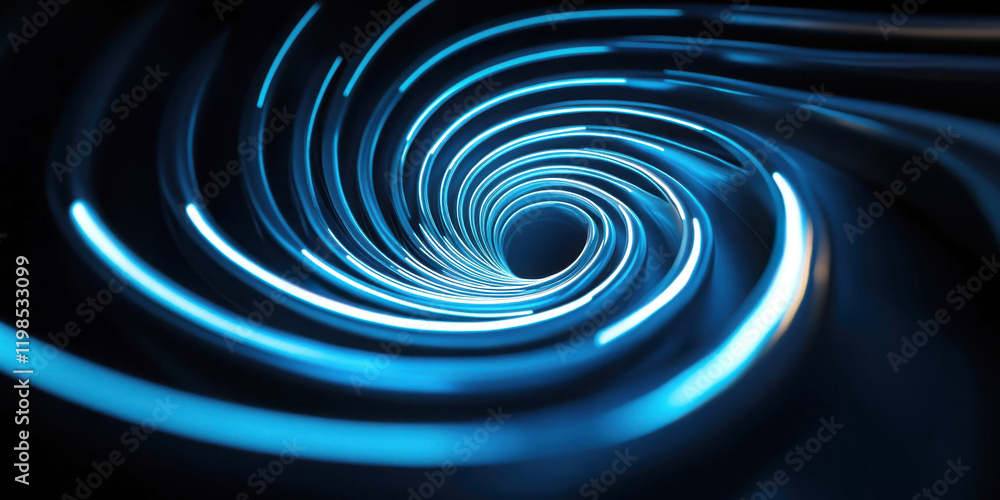 Poster abstract vortex pattern with glowing blue lights and curves.