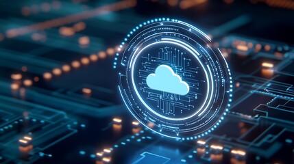 Abstract digital cloud computing concept with glowing connections on a dark technology background