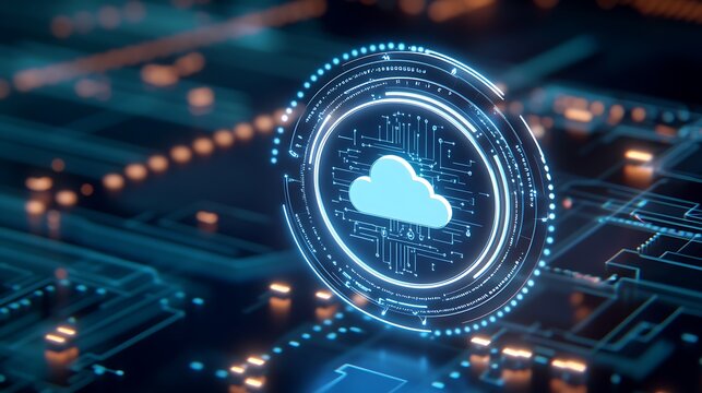 Abstract digital cloud computing concept with glowing connections on a dark technology background