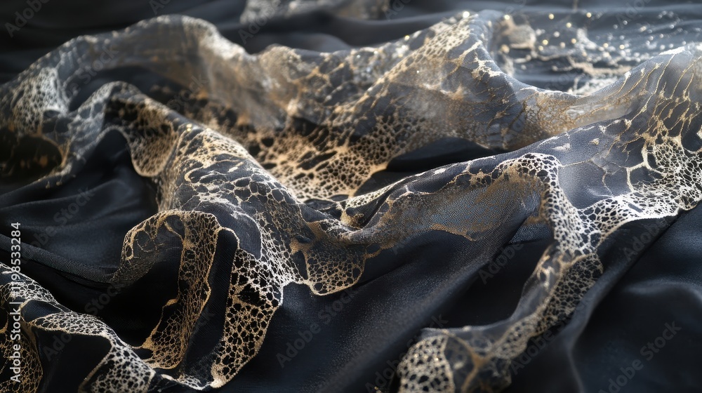Poster abstract close-up of flowing black and gold sheer fabric with delicate net pattern.