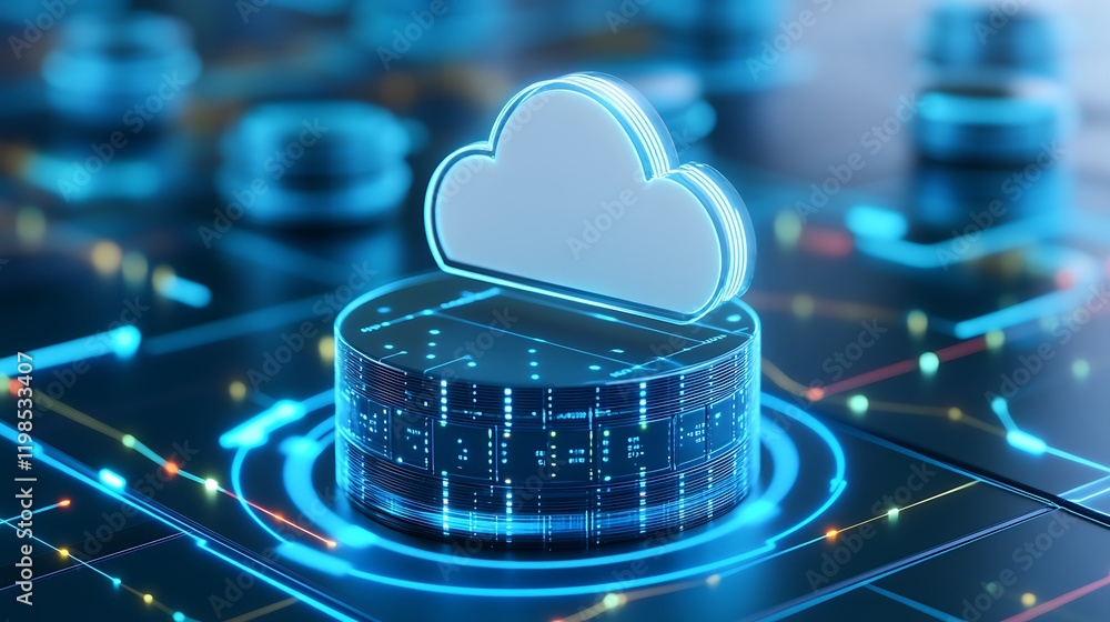 Poster blue cloud icon on digital data platform with glowing connections and tech elements for cloud comput