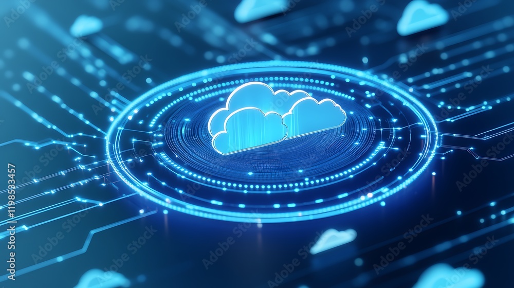 Poster blue cloud icon surrounded by digital circuitry representing cloud computing and technology innovati