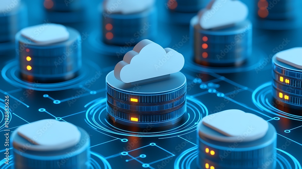 Poster cloud computing concept with 3d cloud icon and server database in digital network visualization