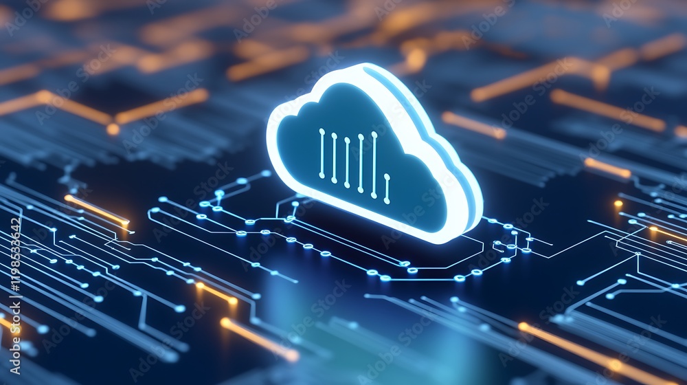 Poster cloud computing concept with circuit board background and neon glow in modern digital environment
