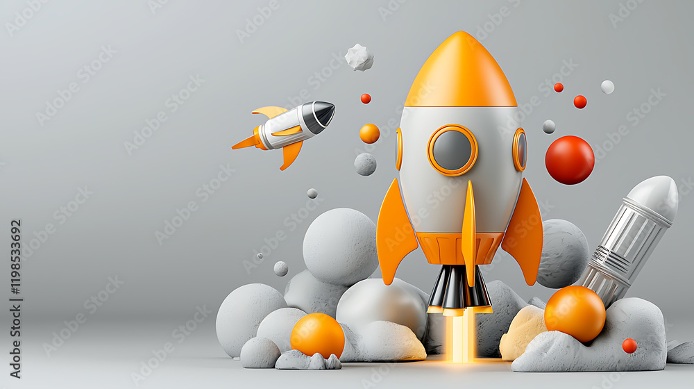 Poster rocket launching into space dynamic scene digital art futuristic environment close-up view explorati
