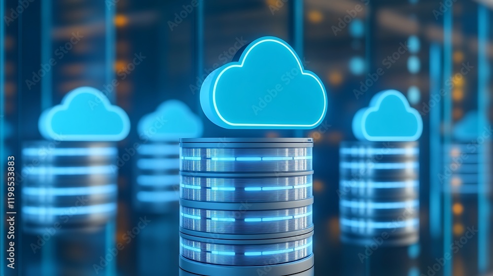 Poster cloud computing icon above data storage servers in a modern digital environment