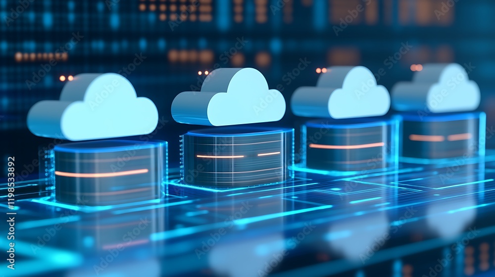 Poster cloud computing technology and digital network concept with data storage and virtualization elements