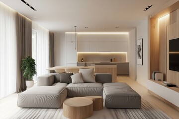 modern minimalist living room, neutral tones, grey sofa, geometric patterns wooden accents cozy atmosphere