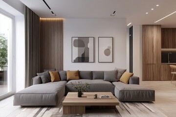modern minimalist living room, neutral tones, grey sofa, geometric patterns wooden accents cozy atmosphere