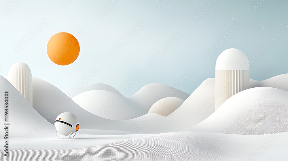 Aufkleber exploring futuristic landscapes with a robot companion in a minimalist desert setting