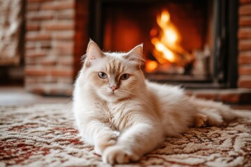 Cream point Birman cat peacefully lounges by a fireplace