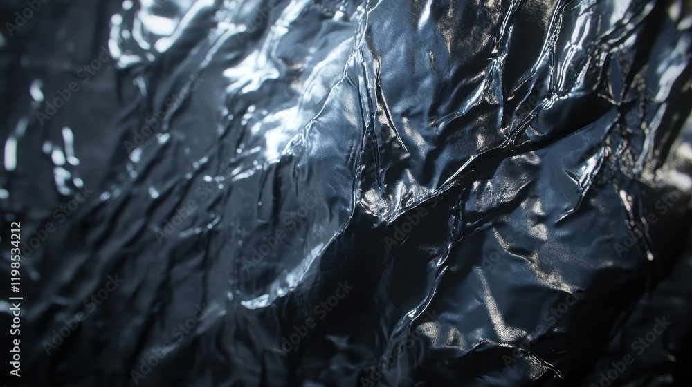 Poster abstract dark shiny crumpled fabric texture with glossy reflections and subtle highlights.