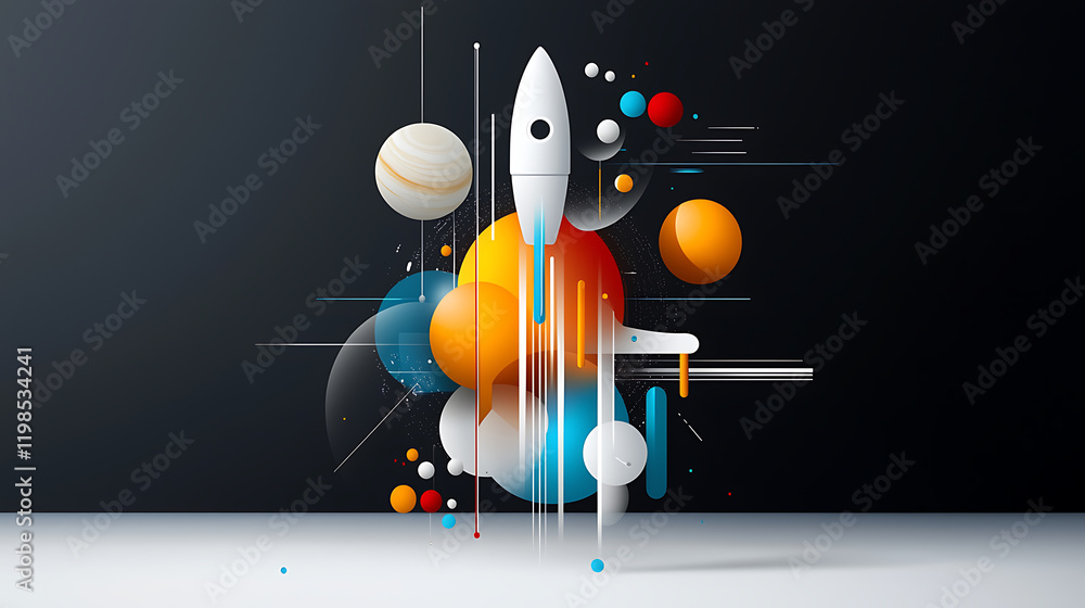 Poster dynamic rocket launch illustration with colorful shapes digital art abstract background creative per