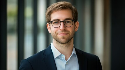 Fototapeta premium Confident Young Professional Man in Suit with Glasses, Head and Shoulders Portrait.