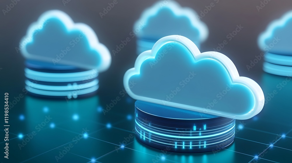 Poster digital cloud computing concept with glowing cloud icons and data storage in a futuristic design env