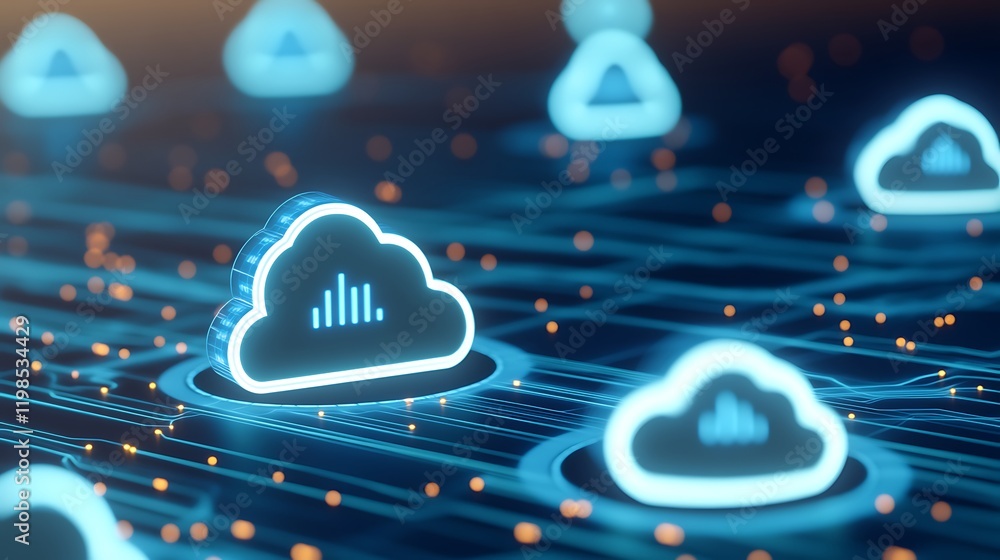 Poster digital cloud computing concept with glowing connected clouds and data visualizations on a dark back