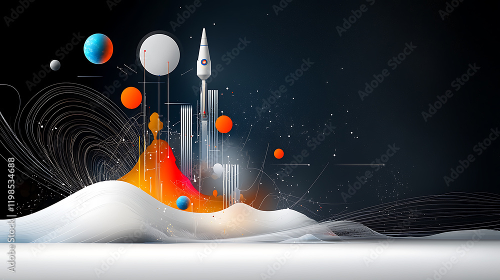 Aufkleber rocket launching into space with colorful planets digital artwork futuristic setting abstract viewpo