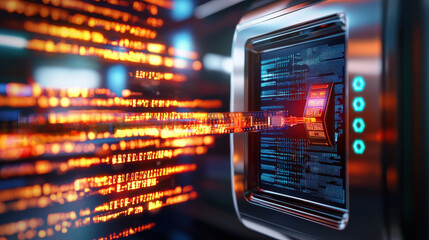 Futuristic data transfer through high tech device with glowing elements, showcasing advanced technology and digital innovation