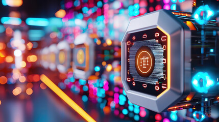 Futuristic technology display with glowing circuits and vibrant colors. This showcases high tech environment featuring intricate designs and illuminated elements, creating captivating atmosphere