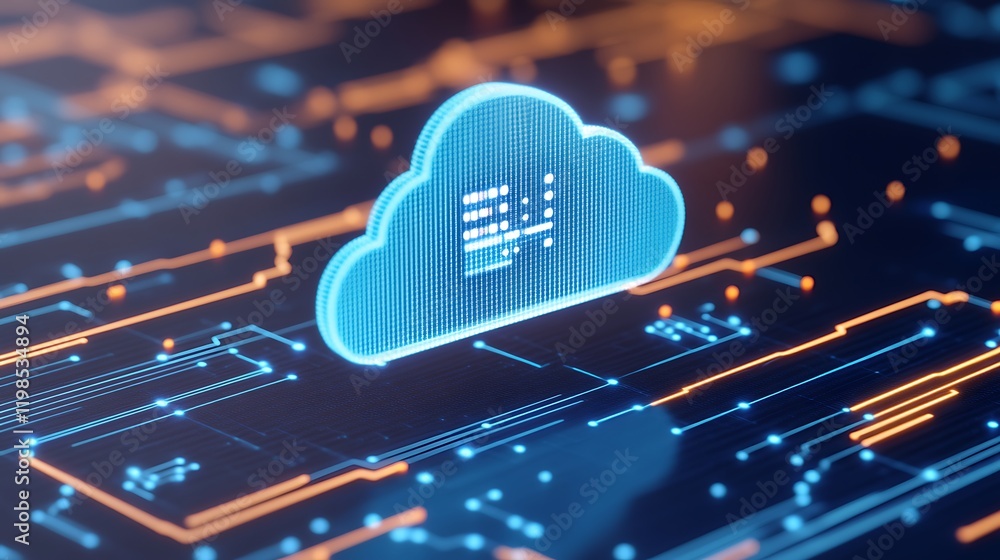 Poster digital cloud data storage with circuit patterns and glowing technology elements in blue and orange 