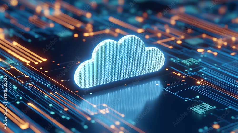 Poster digital cloud icon floating above abstract circuit board design with neon colors and depth effects