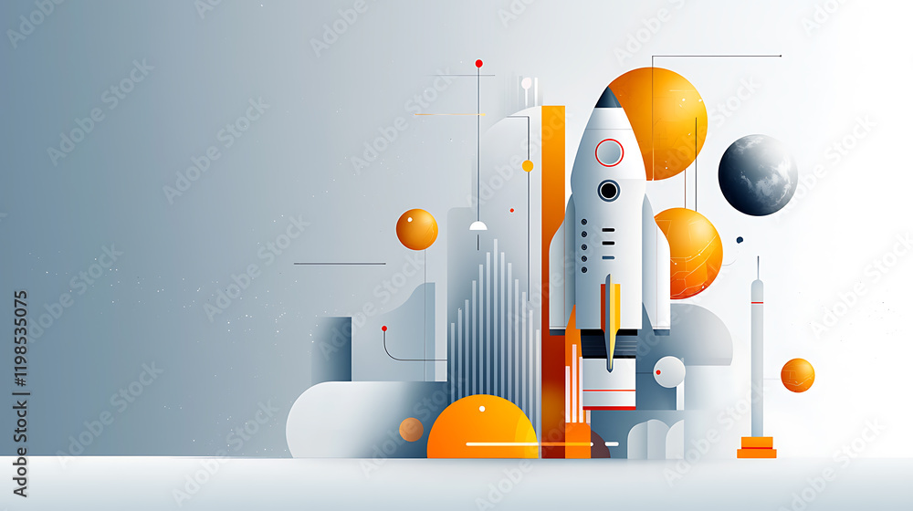 Poster rocket launch event futuristic design digital art outer space minimalist viewpoint innovation concep