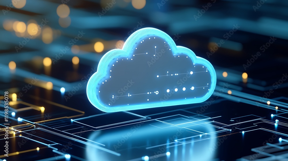 Poster digital cloud icon over abstract technology background with glowing lines and circuit elements