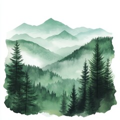 Fototapeta premium Mountains watercolor style green hues abstract landscape pine trees serene scenery