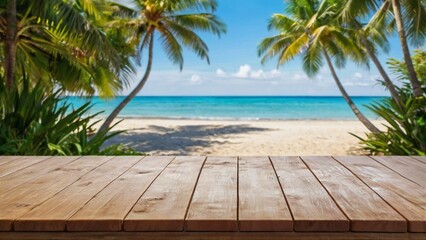 Empty wood table top on tropical beach setting with a blurred background. The focus is on the table surface.
