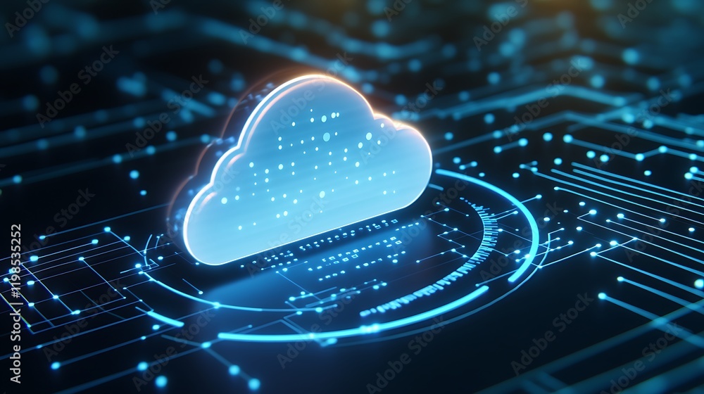 Poster digital cloud icon surrounded by futuristic data circuits representing cloud computing technology an