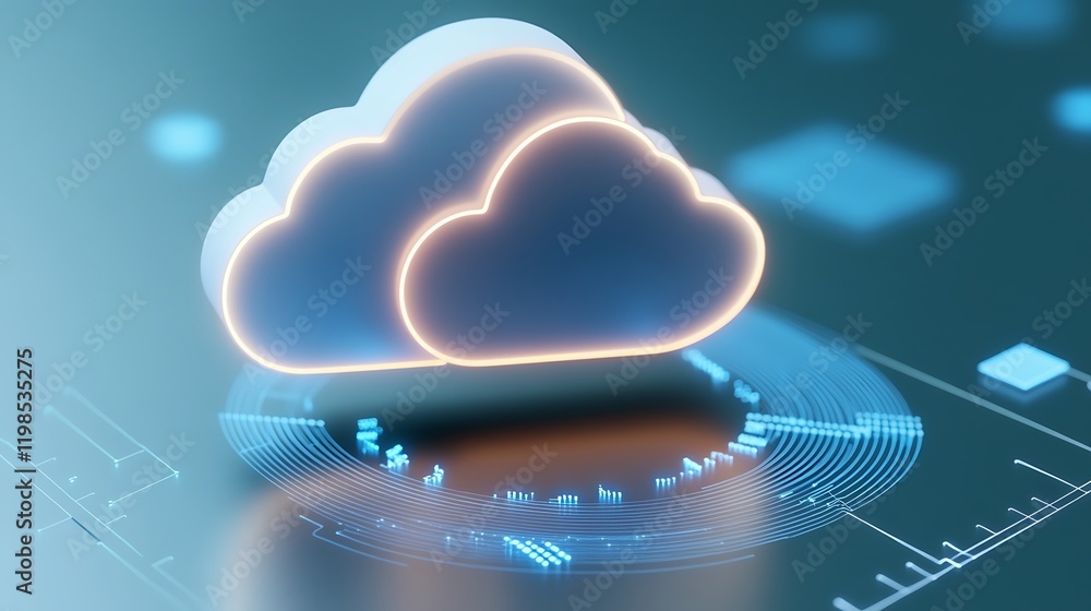 Poster digital cloud icon surrounded by futuristic data visualization and technology elements in a modern d