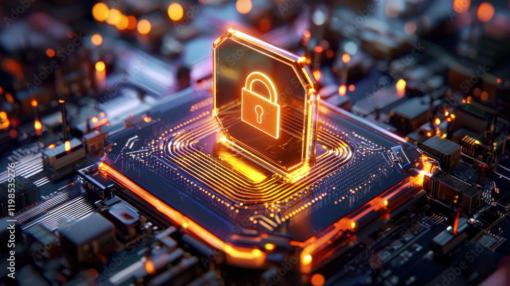 Fototapete futuristic data center with glowing lock symbolizing security and protection. intricate circuit board design highlights advanced technology and digital safety measures