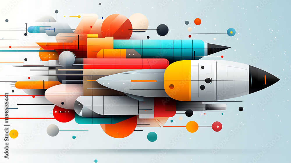 Poster dynamic rocket launch illustration outer space digital art futuristic aerial view innovation and tec
