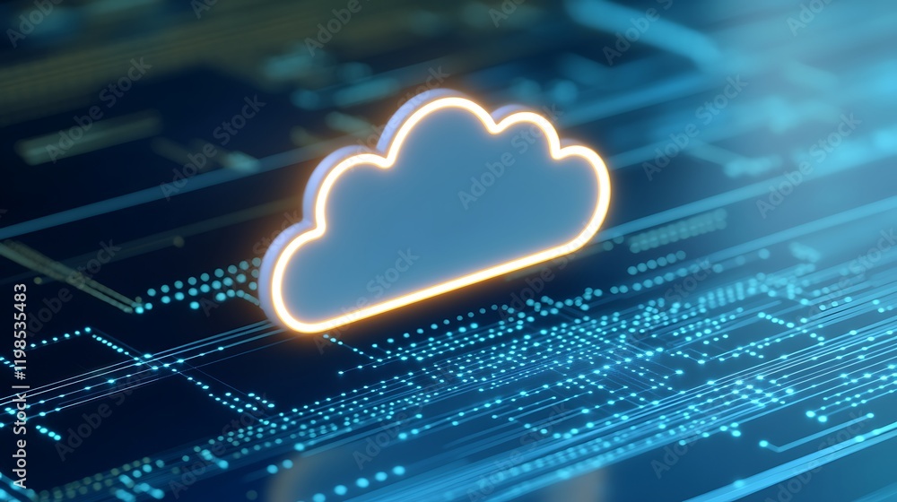 Poster digital cloud icon with neon glow on abstract data background in technology concept illustration