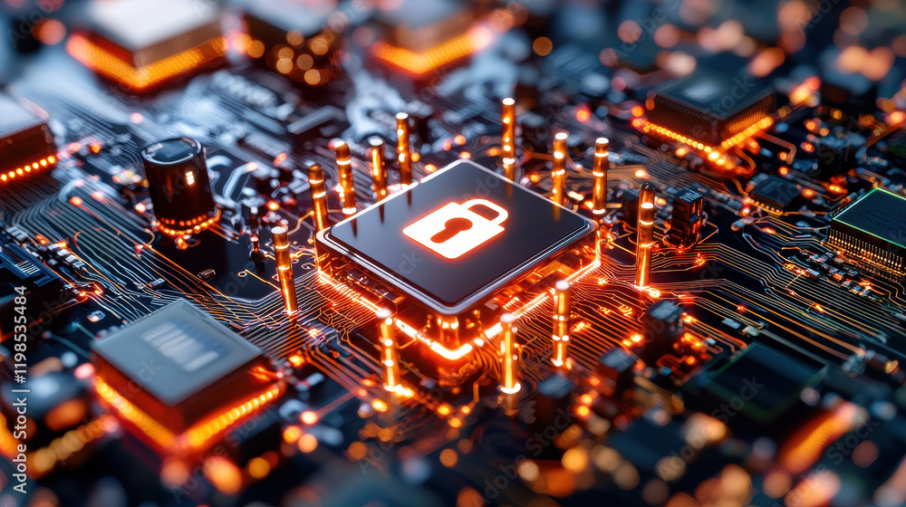 Leinwandbilder close up view of circuit board featuring glowing lock symbol, representing cybersecurity and data protection. intricate design highlights technology and security