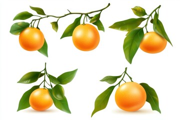 Set of orange with leaves isolated on white background