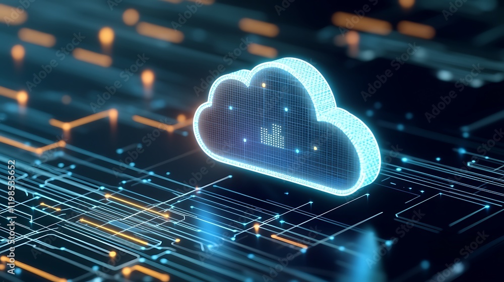 Poster digital cloud storage concept represented with neon lights and data visualization for technology use