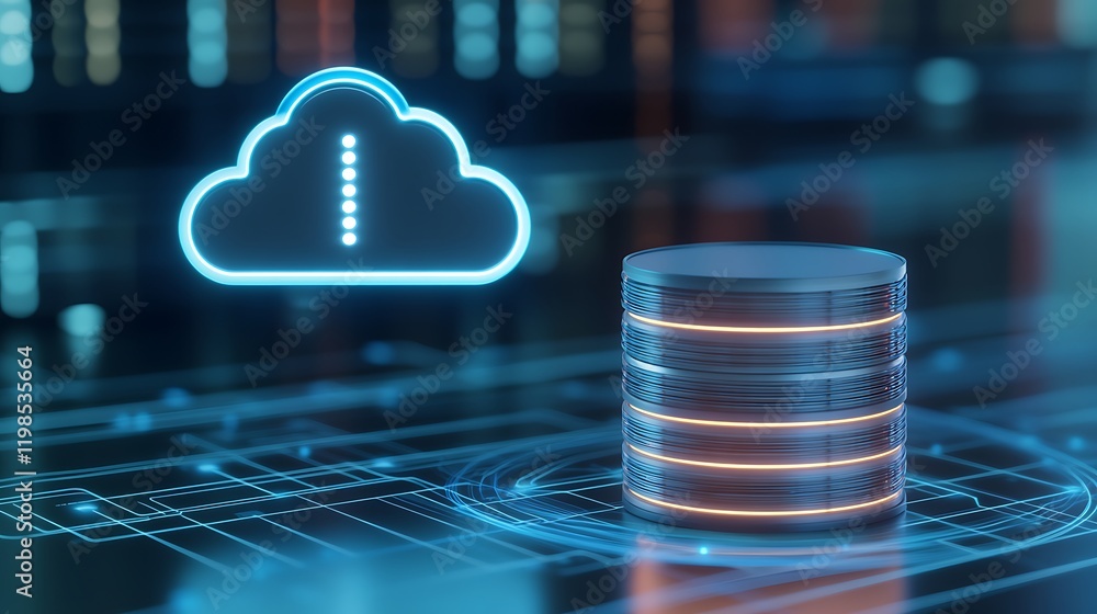 Poster digital cloud storage concept depicting data management with neon effects and circuits