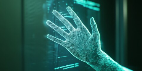 Futuristic digital hand interacting with a screen displaying code.