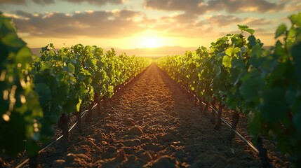 Obraz premium Vineyard Rows Bask in Golden Sunset Glow