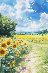 Obraz premium Watercolor Painting of a Sunny Sunflower Field with a Path and Blue Sky.