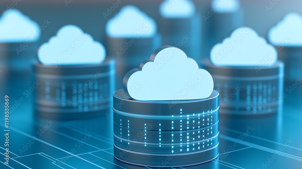 Poster digital cloud storage concept with data server and cloud icons on futuristic background for technolo
