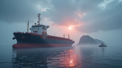 Fototapeta premium A majestic cargo ship navigates through a misty sea, its bow cutting into the dense fog with a rock silhouette looming in the distance. Light blue skies frame the ethereal scene