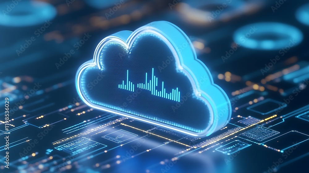 Poster digital cloud storage icon with data visualization and circuit board background for technology conce