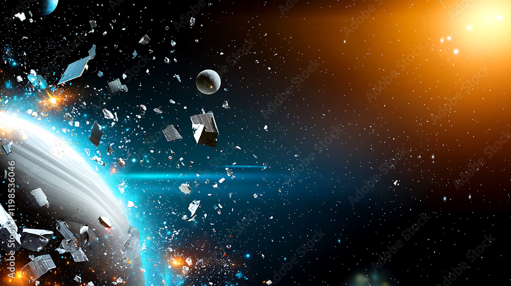 Poster exploring cosmic debris asteroid belts and space junk outer space digital artwork sci-fi environment