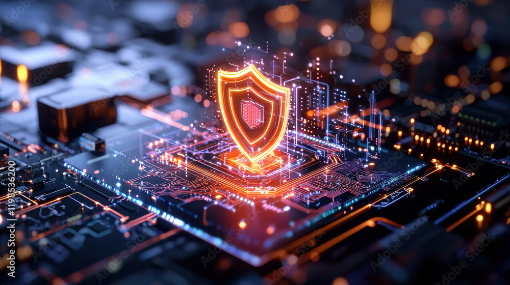 Leinwandbilder glowing shield icon emerges from circuit board, symbolizing digital security and protection. vibrant
