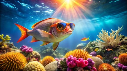 Fototapeta premium Cool Fish Wearing Sunglasses Underwater Stock Photo