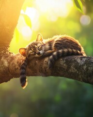 Obraz premium Adorable Feline Cat Napping Peacefully on a Tree Branch with Soft Sunlight Filtering Through Lush Green Leaves in a Serene Natural Environment