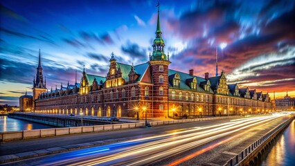 Obraz premium Copenhagen Borsen Stock Exchange Night Photography, August 2018, Denmark
